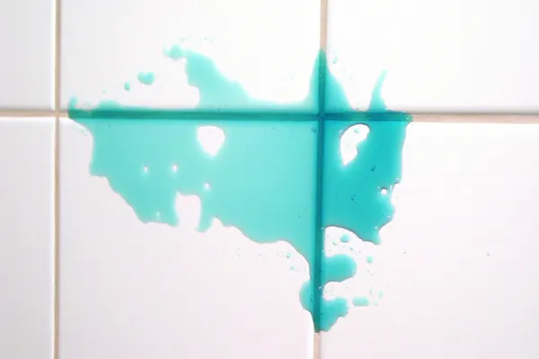 Untreated ceramic tile and grout stained by blue dye